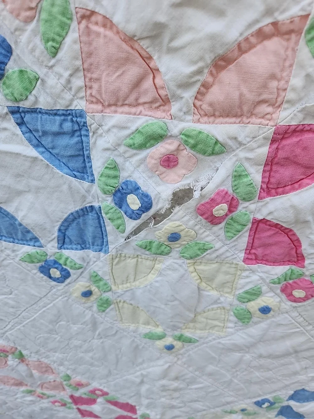 Vintage Handmade Cotton Patchwork Quilt in Pink, Blue & Green 79x78